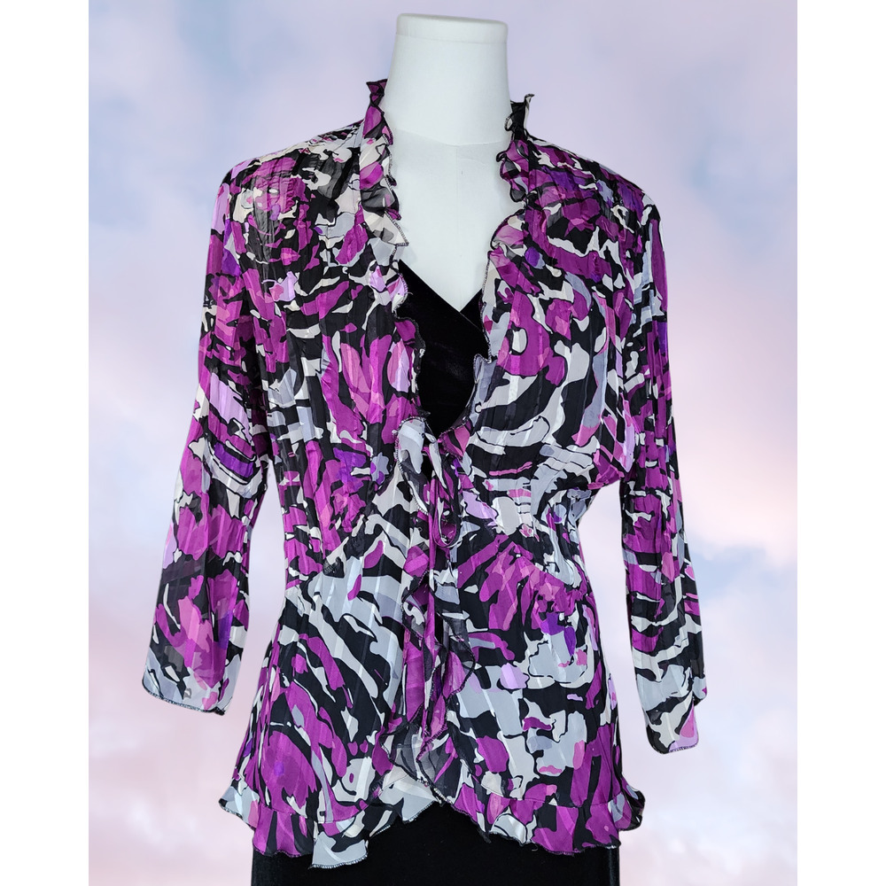 Y2k Studio 1940 Purple White Frilly Mesh Funky Tie Front Blouse Top Sz Small